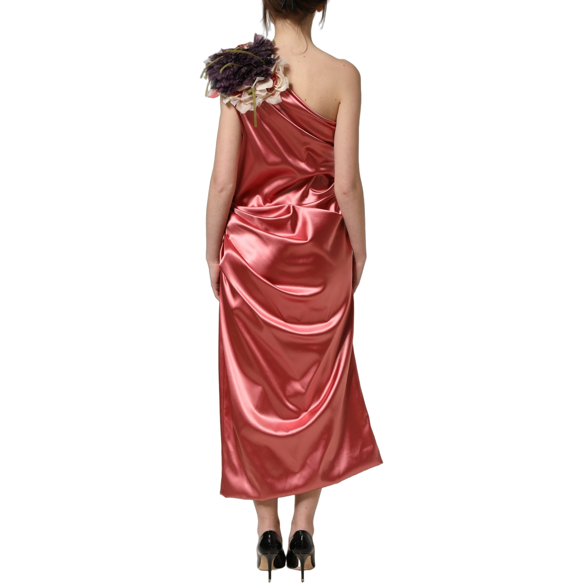 Pink Draped Midi Flower Appliques Dress