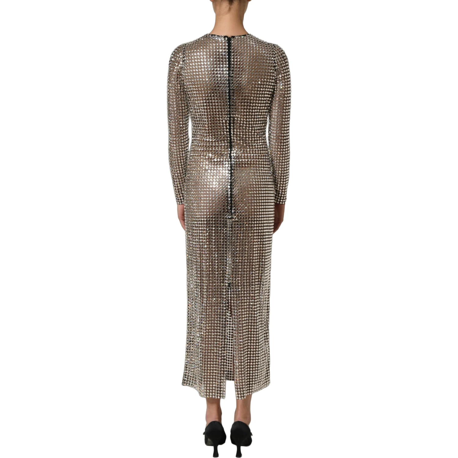 Beige Crystal Embellished Long Gown Dress