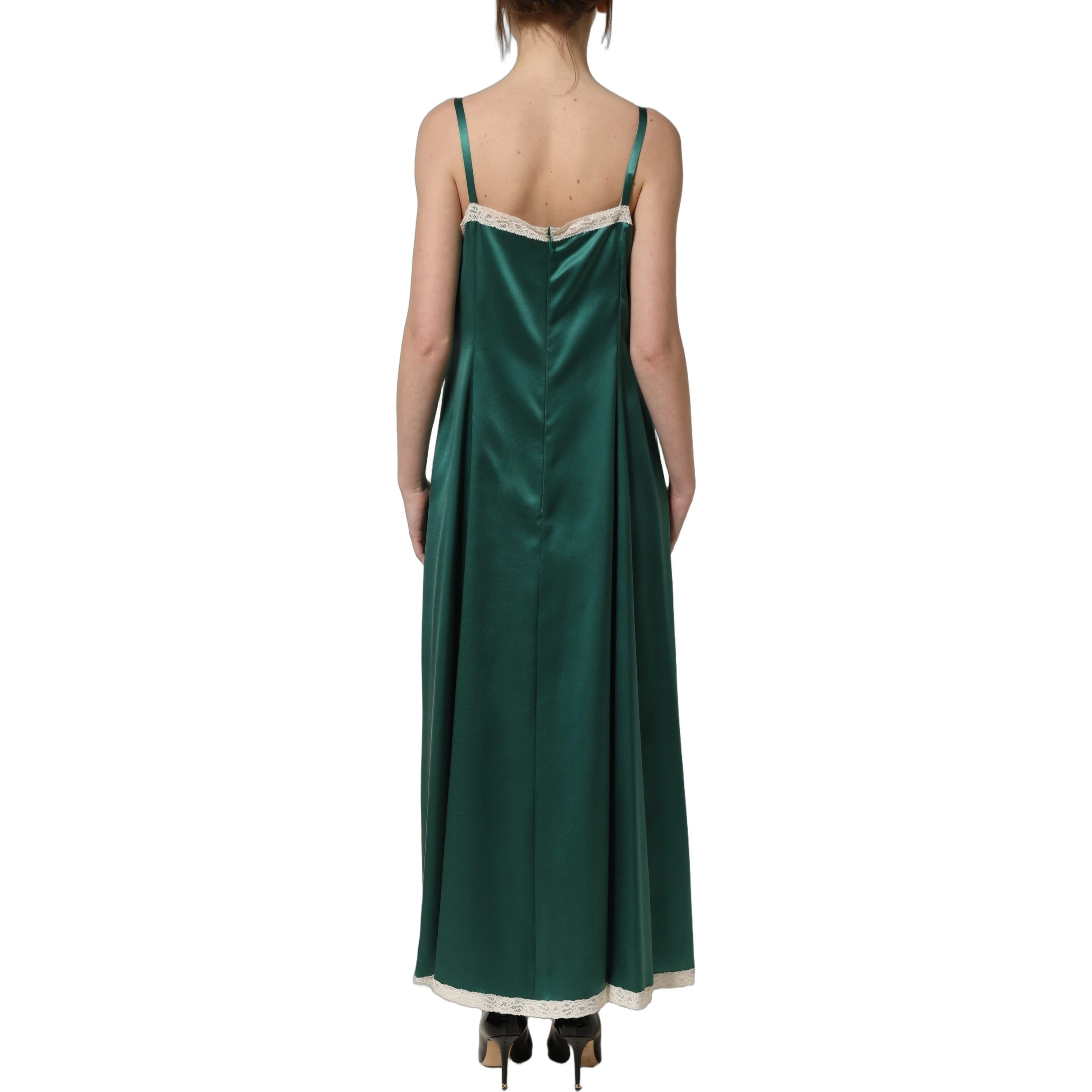 Green Satin Lace Trim Sleeveless Maxi Dress