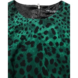 Green Leopard Print Silk Knee Length Dress
