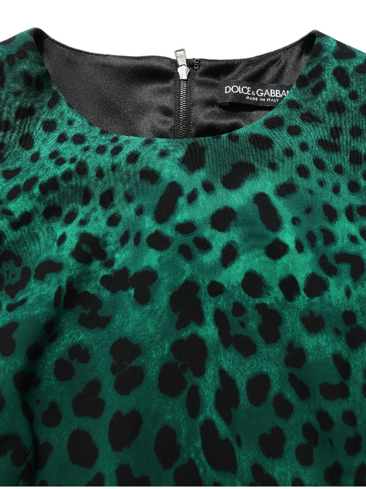 Green Leopard Print Silk Knee Length Dress