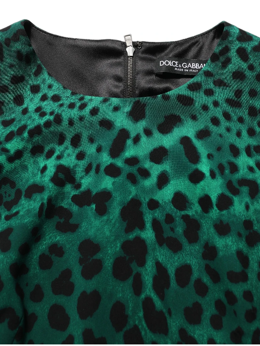 Green Leopard Print Silk Knee Length Dress
