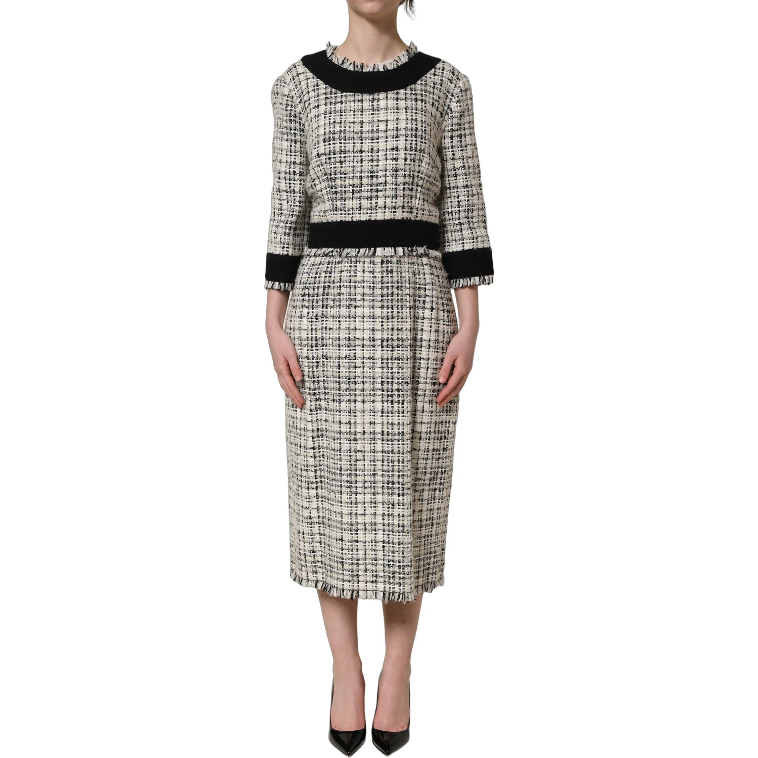 Multicolor Bouclé Tweed Frayed Trim Midi Dress