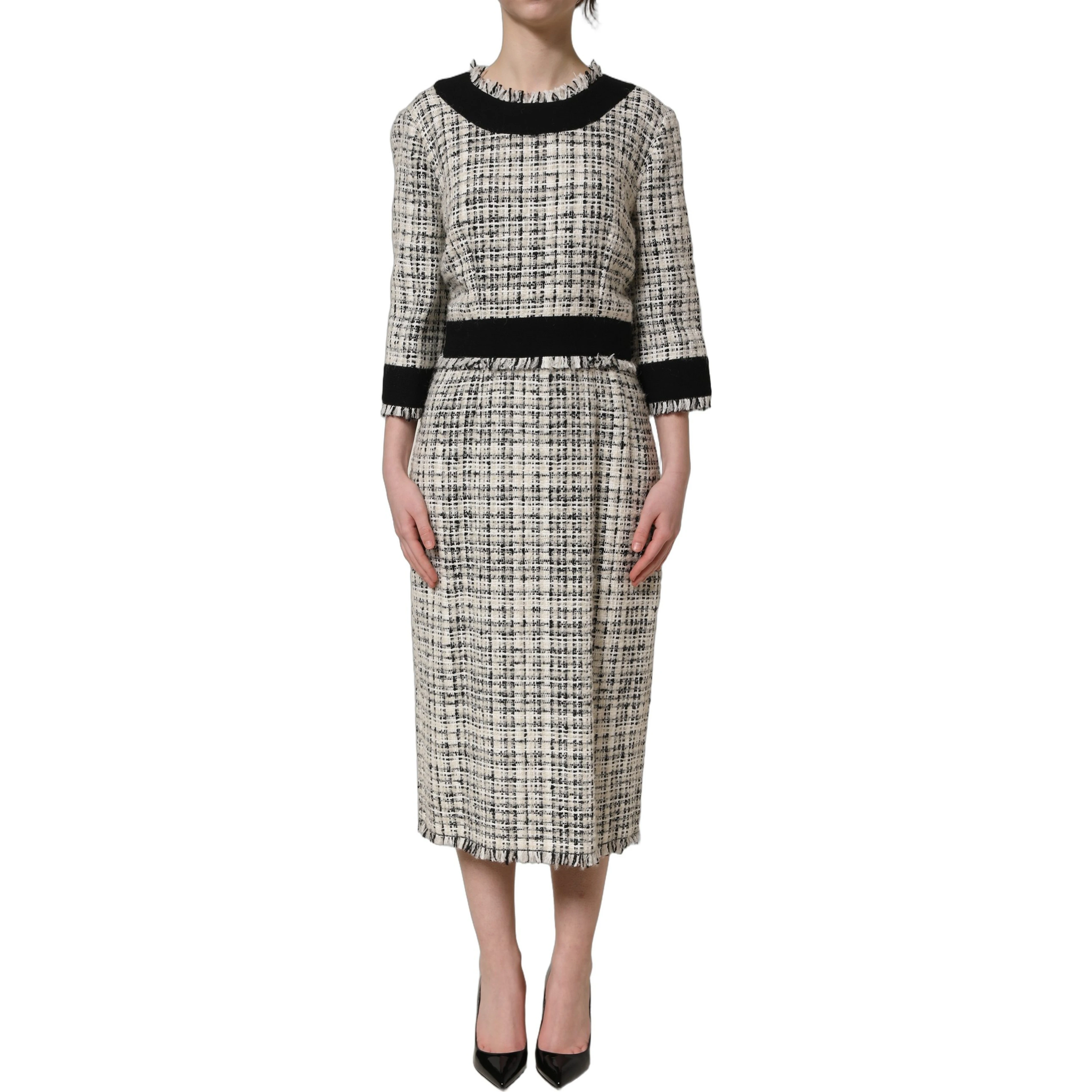 Multicolor Bouclé Tweed Frayed Trim Midi Dress