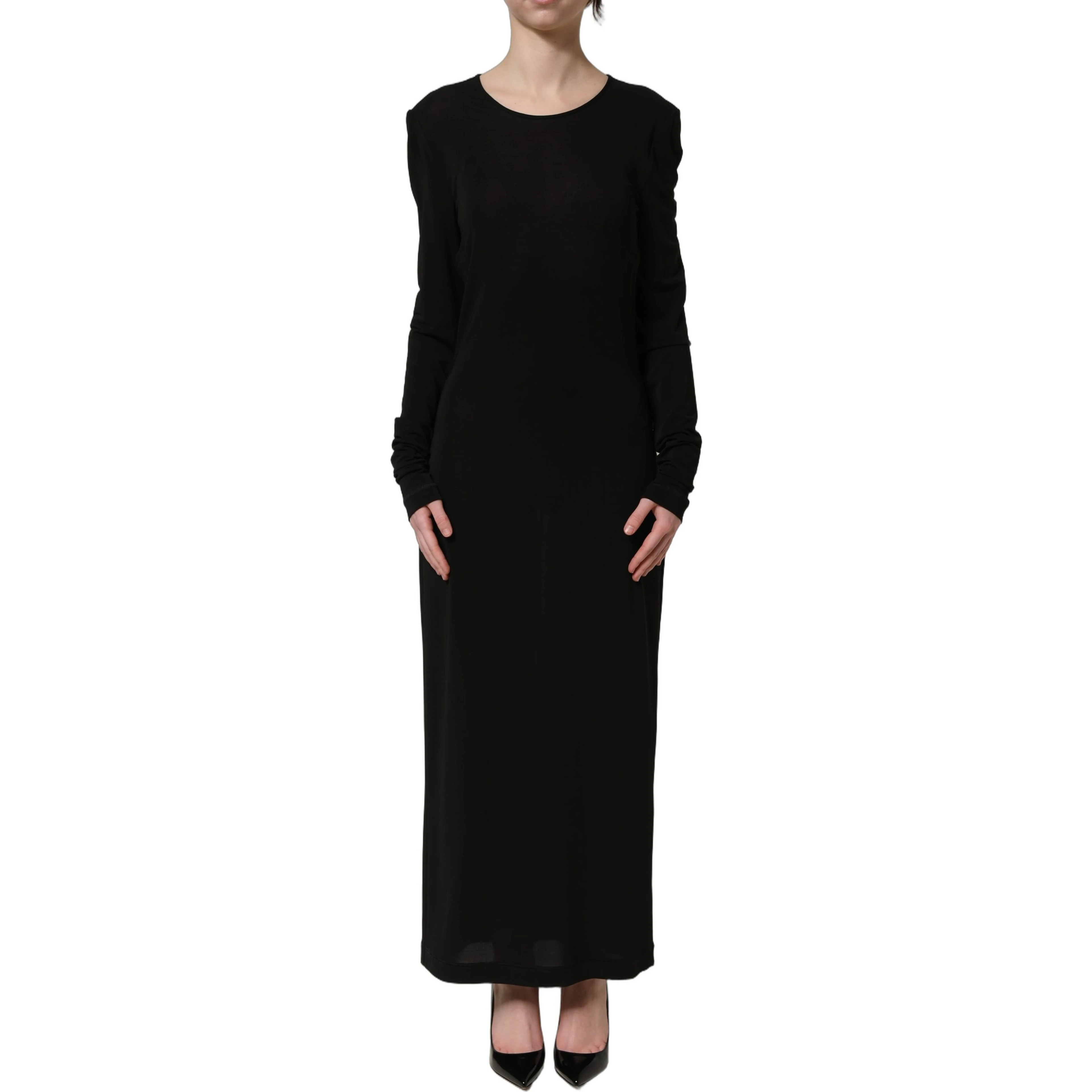 Black Cotton Long Sleeves Sheath Maxi Dress