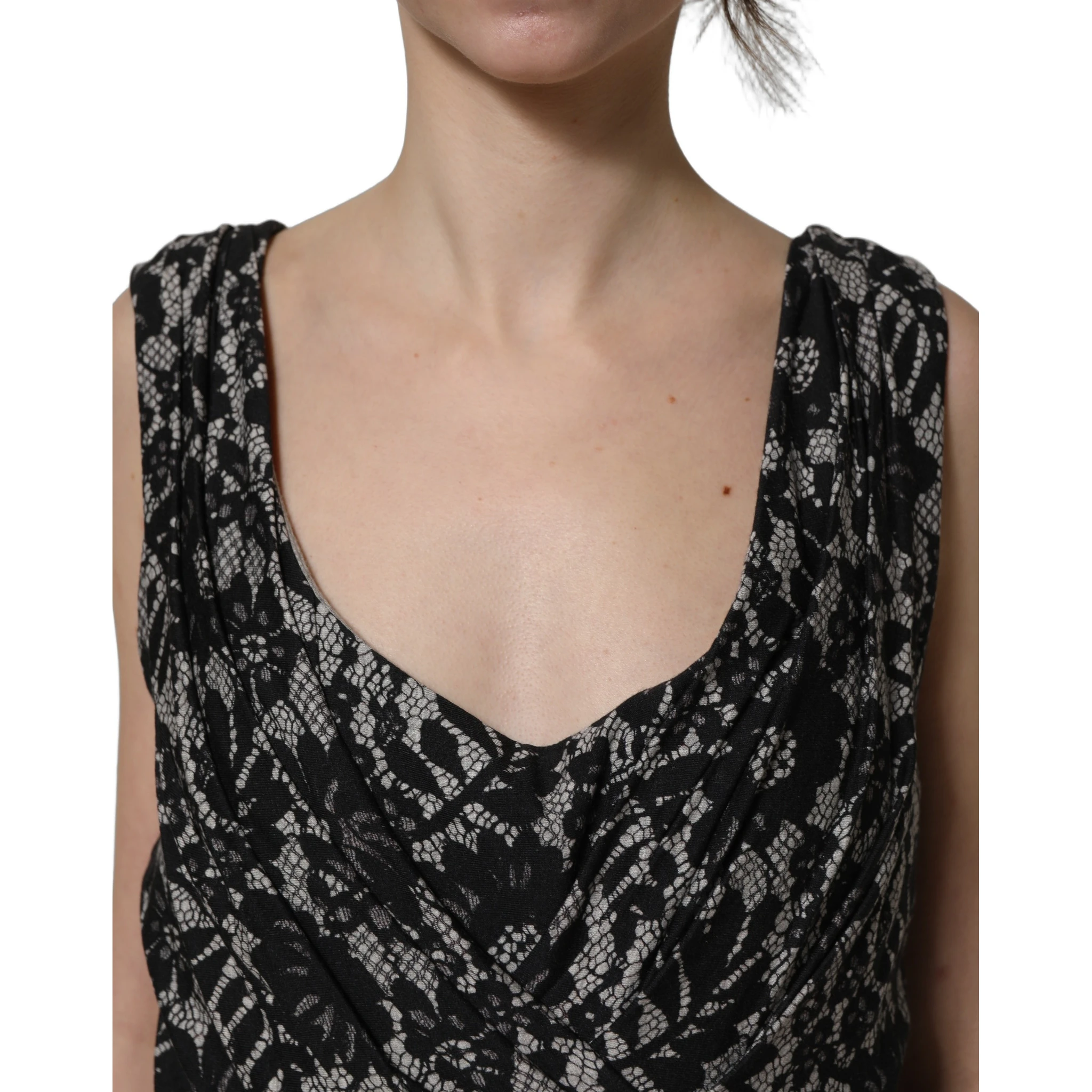 Black White Floral Lace Sleeveless Midi Dress
