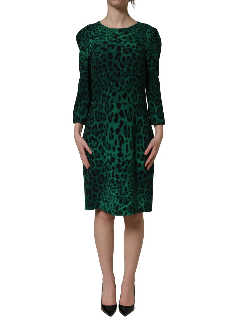 Green Leopard Print Silk Knee Length Dress