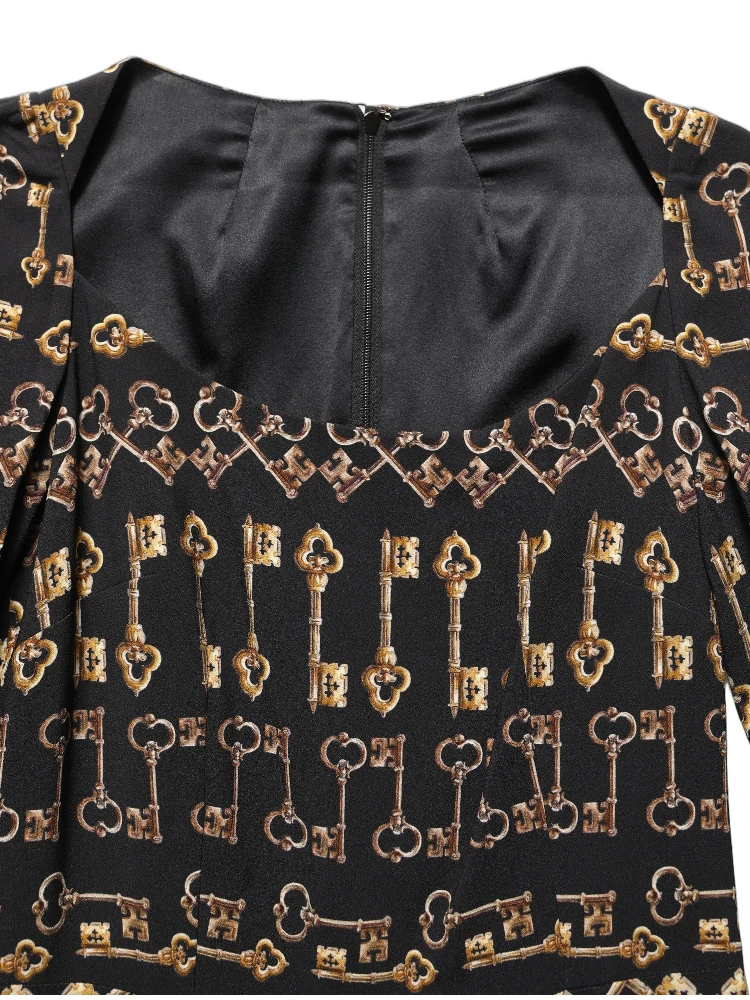 Black Key Print Long Sleeves Sheath Midi Dress