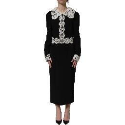 Black Lace Detailing Long Sleeves Midi Dress