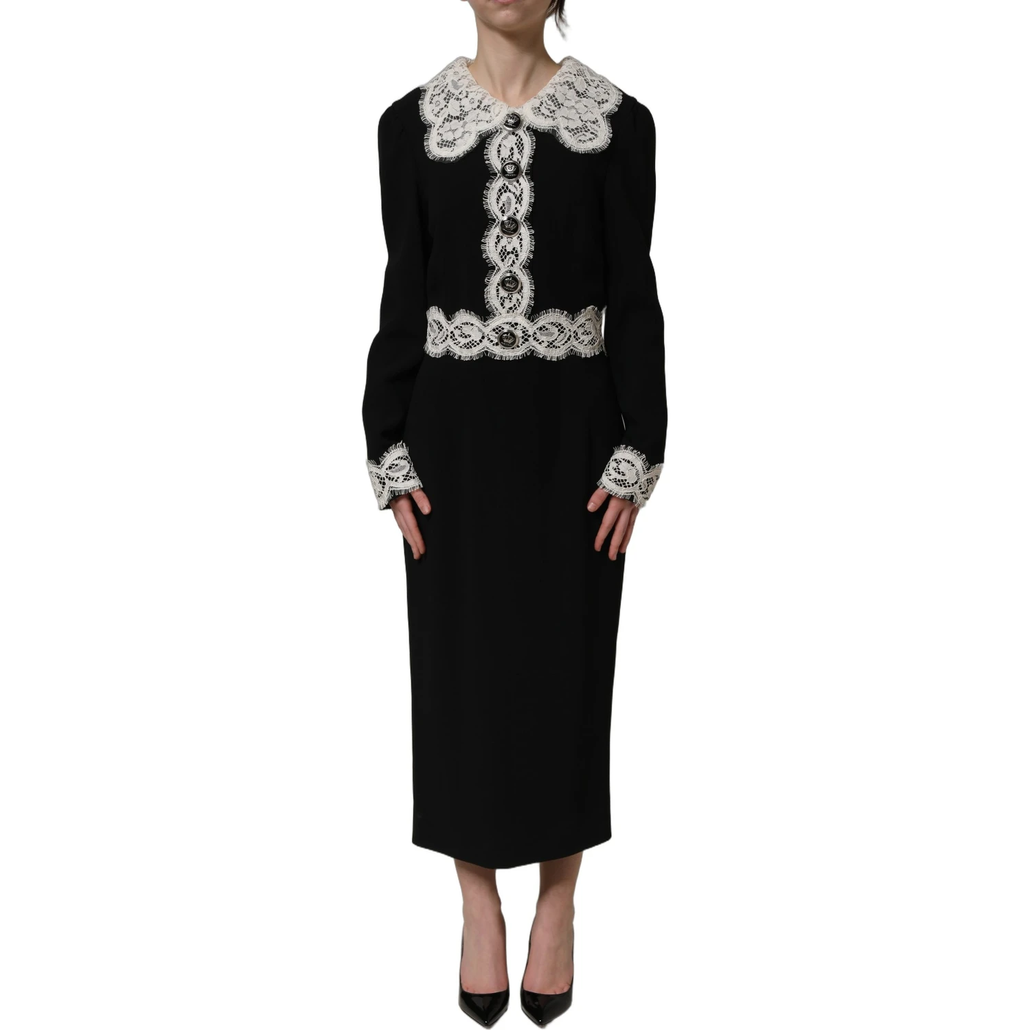 Black Lace Detailing Long Sleeves Midi Dress