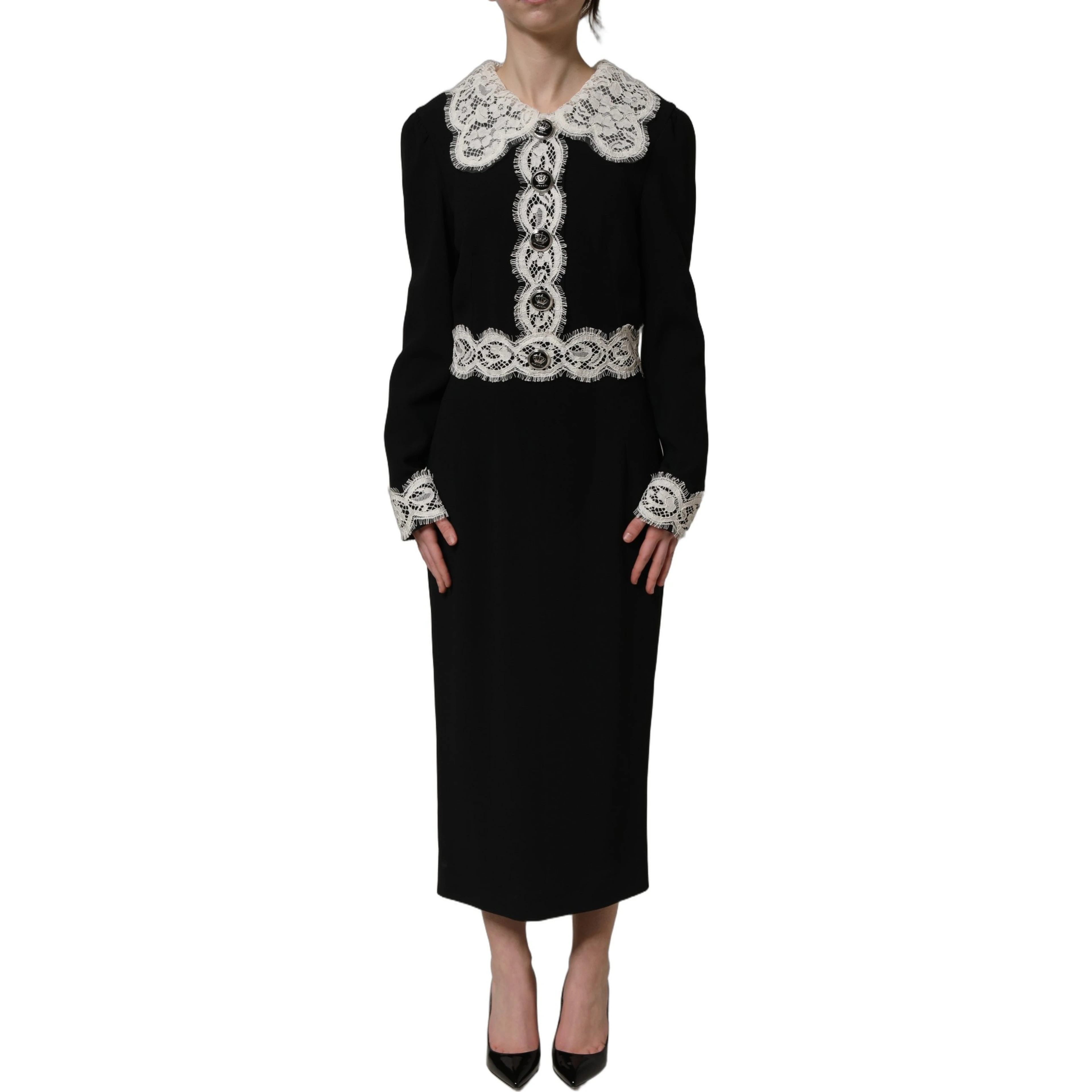 Black Lace Detailing Long Sleeves Midi Dress