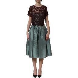 Multicolor Floral Lace Taffeta Pleated Midi Dress