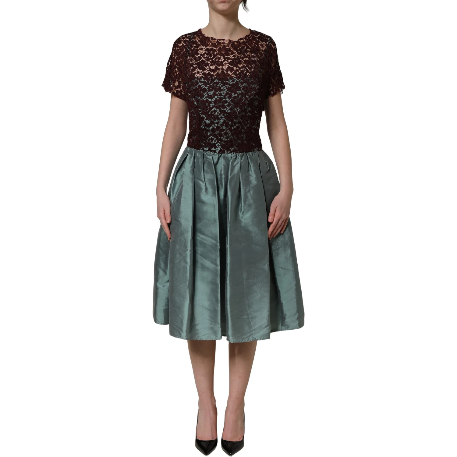 Multicolor Floral Lace Taffeta Pleated Midi Dress
