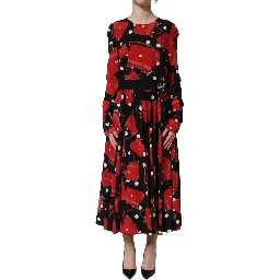 Black Handbag Print Long Sleeve Midi Dress