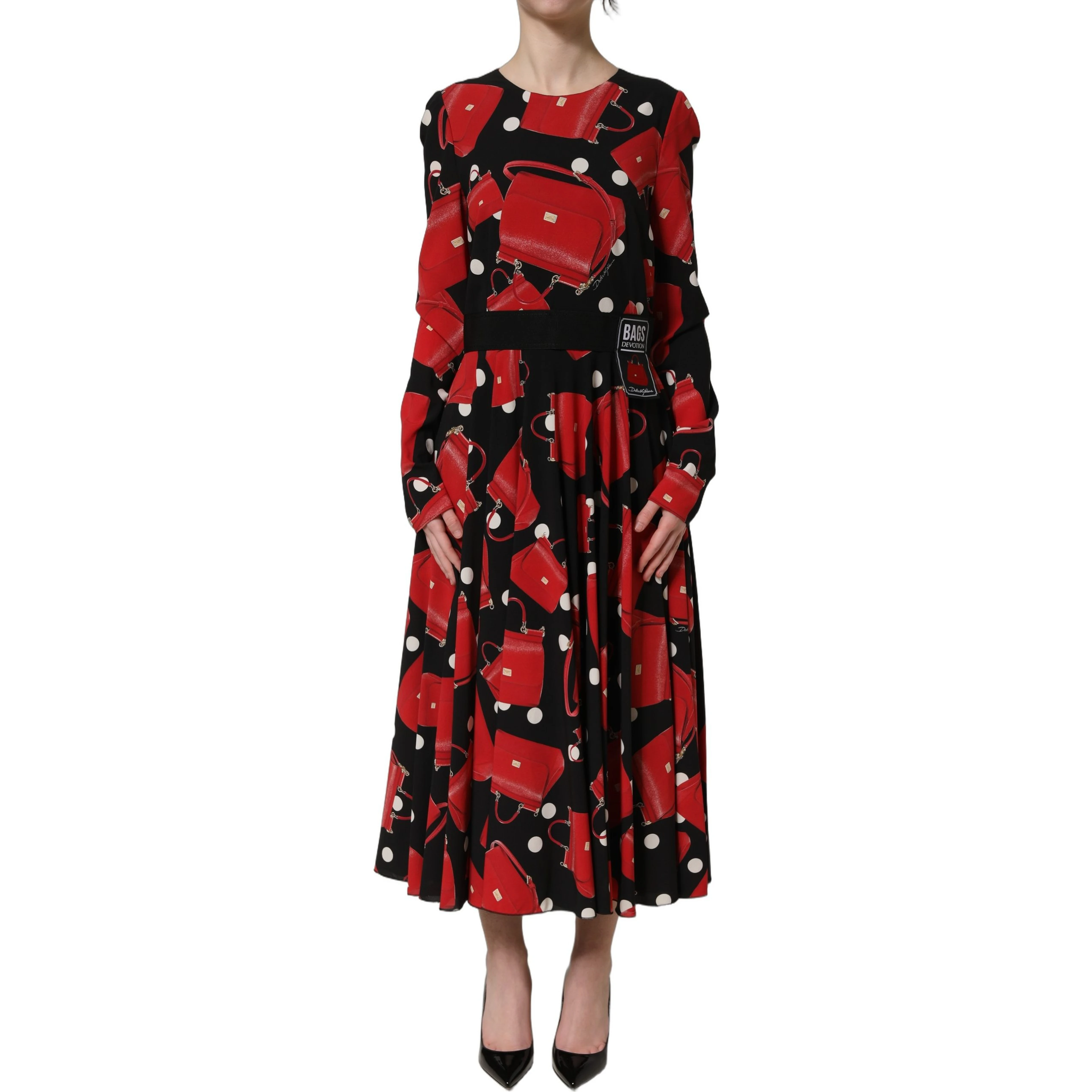 Black Handbag Print Long Sleeve Midi Dress