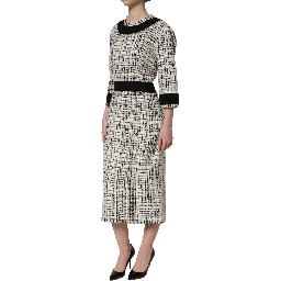 Multicolor Bouclé Tweed Frayed Trim Midi Dress