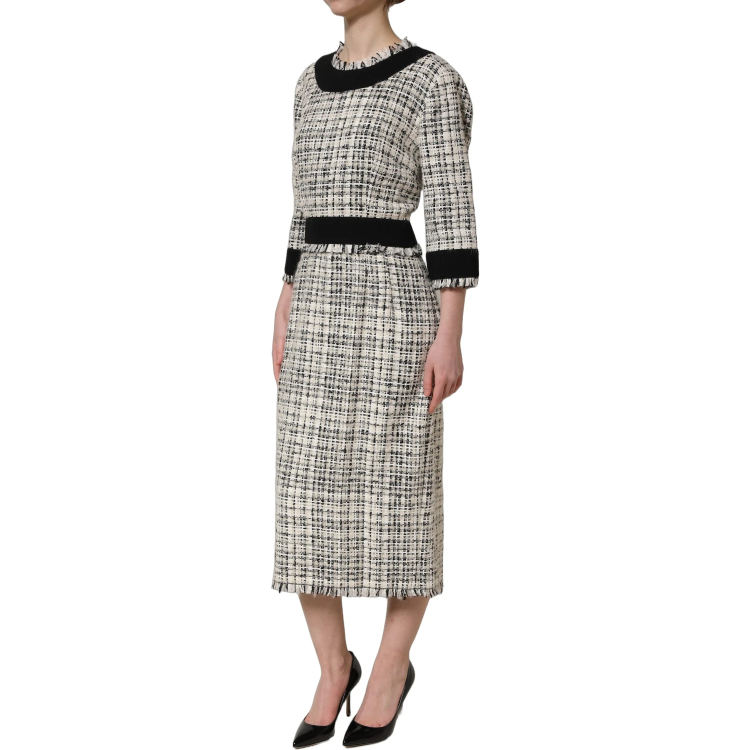 Multicolor Bouclé Tweed Frayed Trim Midi Dress