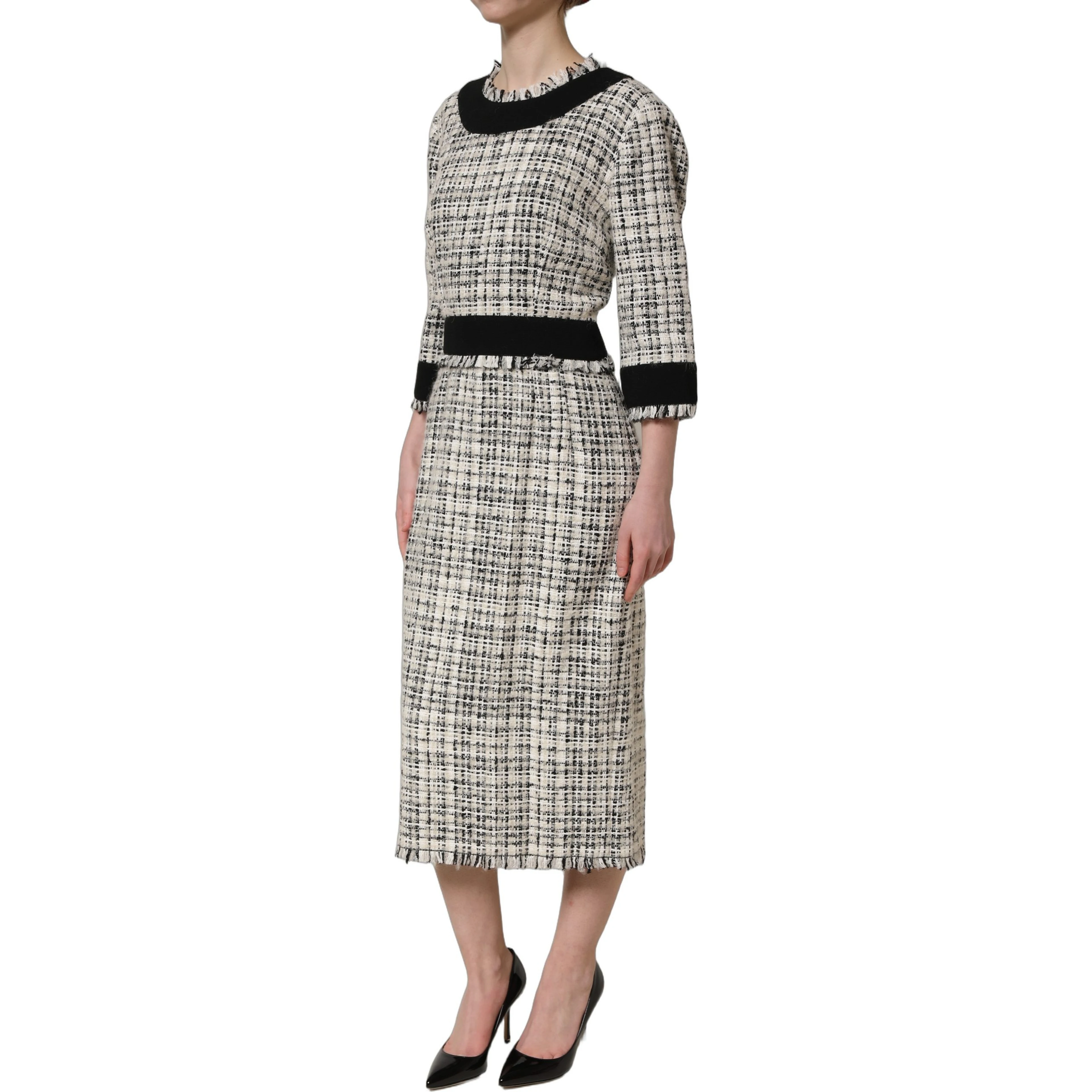 Multicolor Bouclé Tweed Frayed Trim Midi Dress