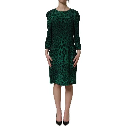Green Leopard Print Silk Knee Length Dress