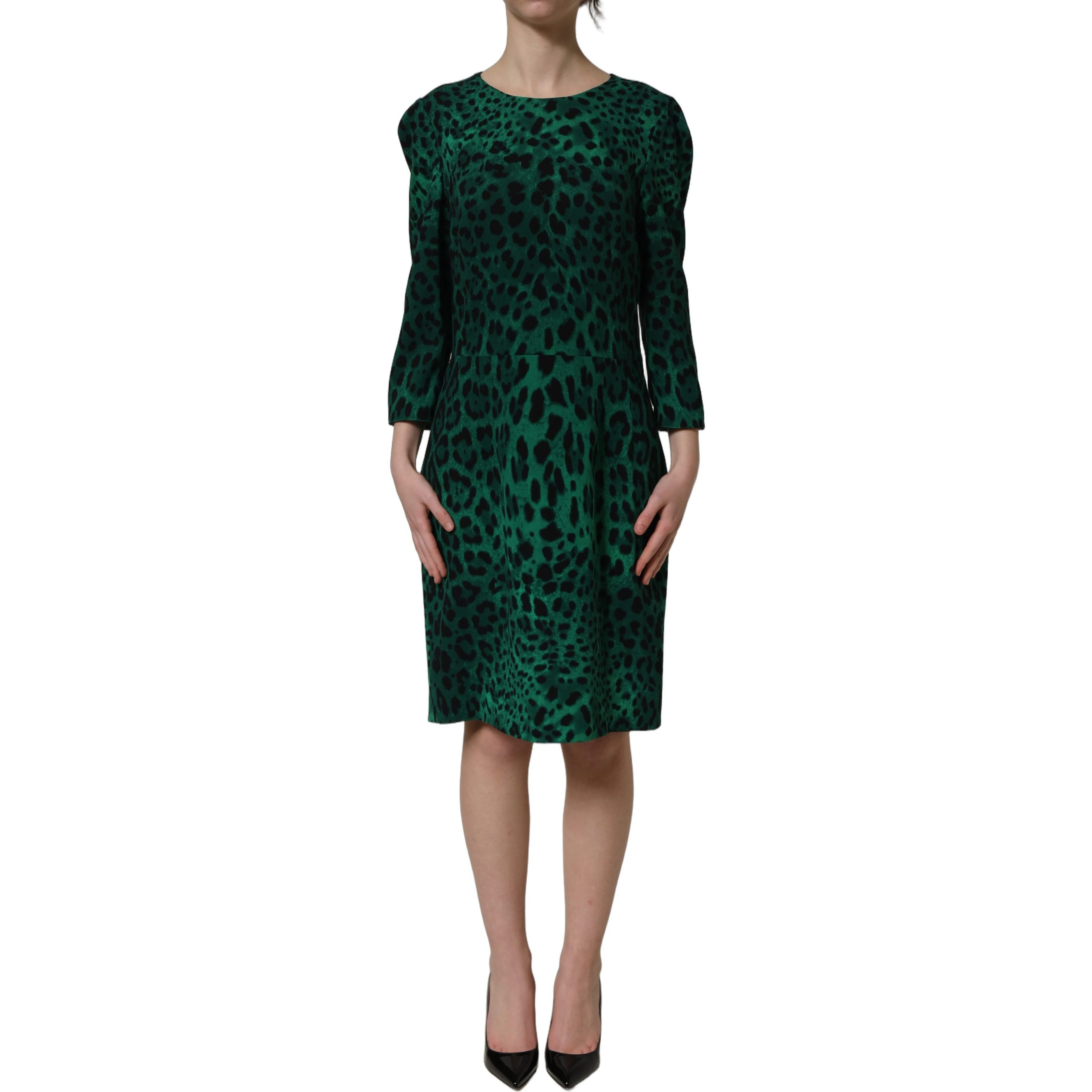 Green Leopard Print Silk Knee Length Dress