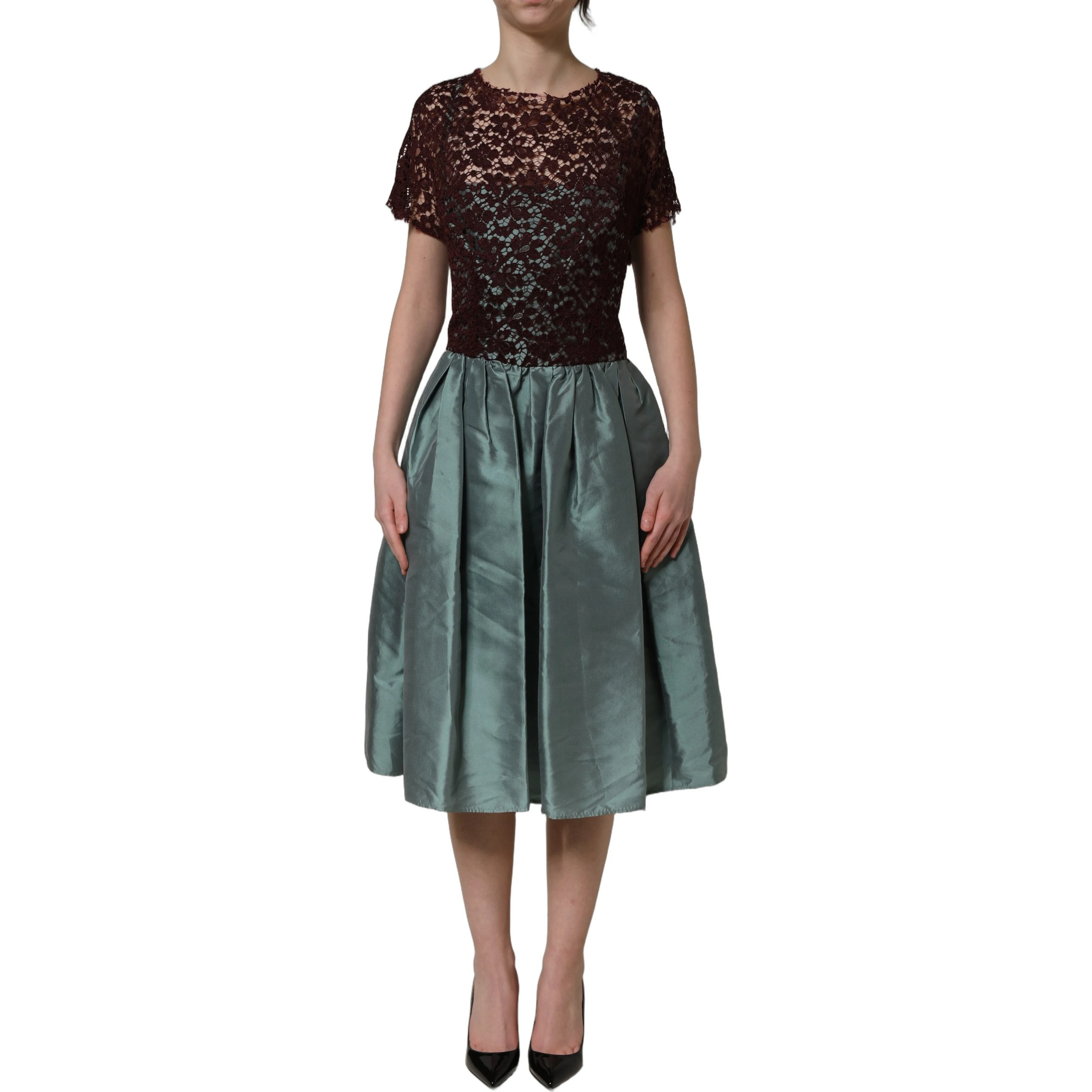 Multicolor Floral Lace Taffeta Pleated Midi Dress