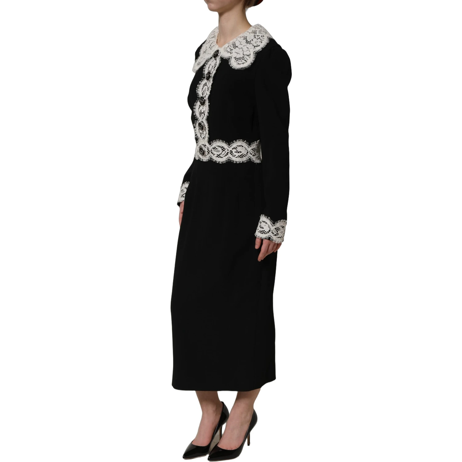 Black Lace Detailing Long Sleeves Midi Dress
