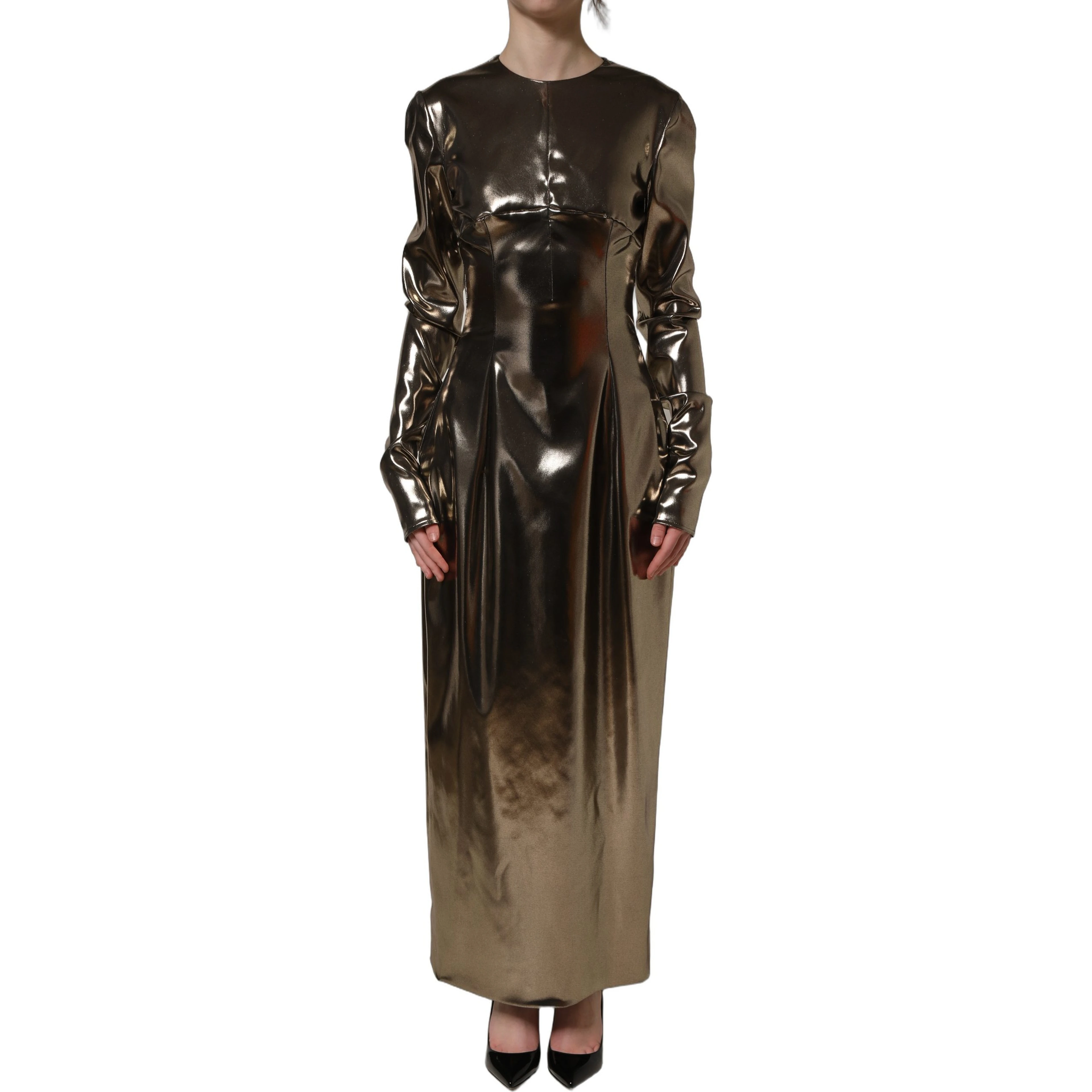 Metallic Gold Polyester LongSleeve Maxi Dress