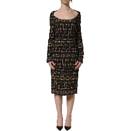 Black Key Print Long Sleeves Sheath Midi Dress