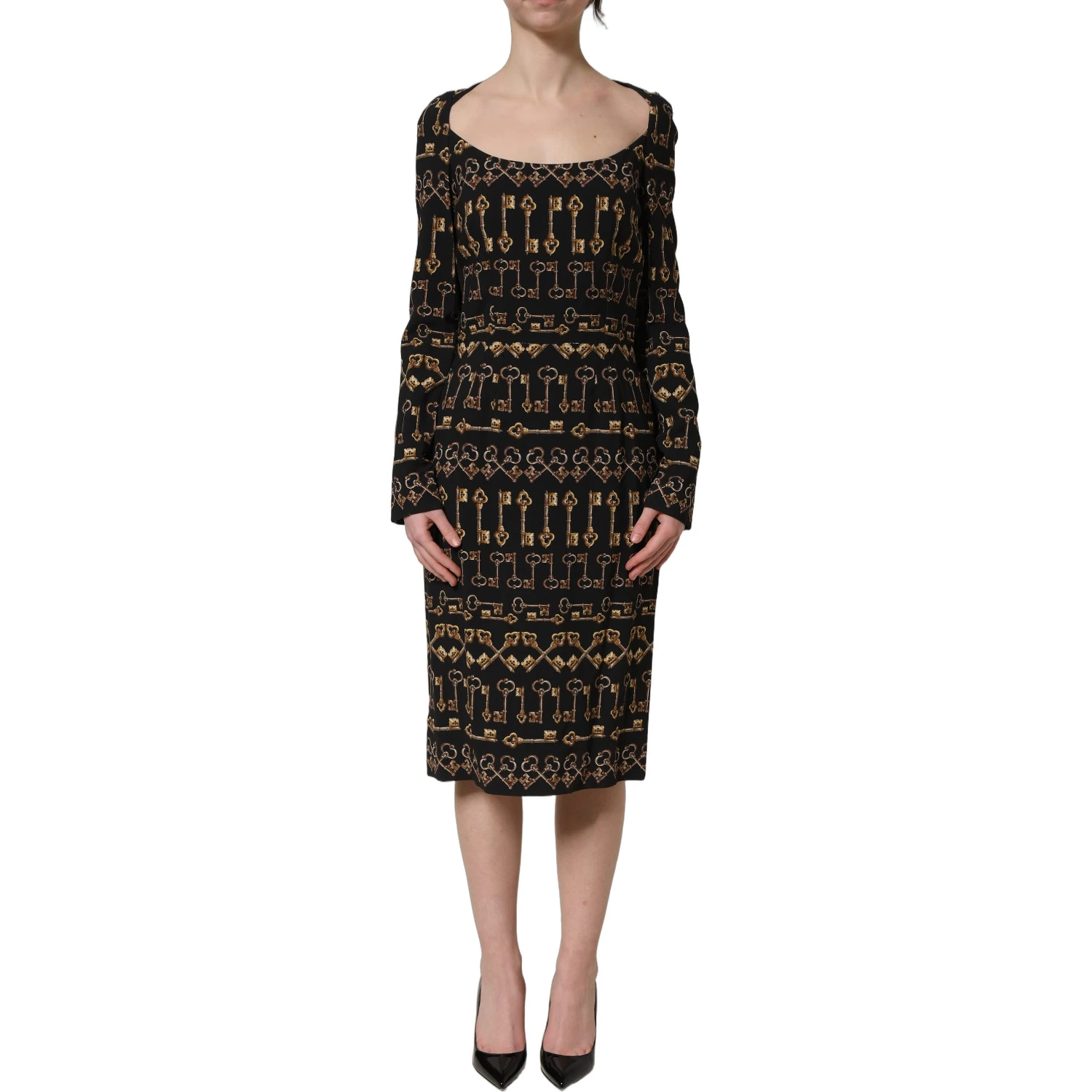 Black Key Print Long Sleeves Sheath Midi Dress