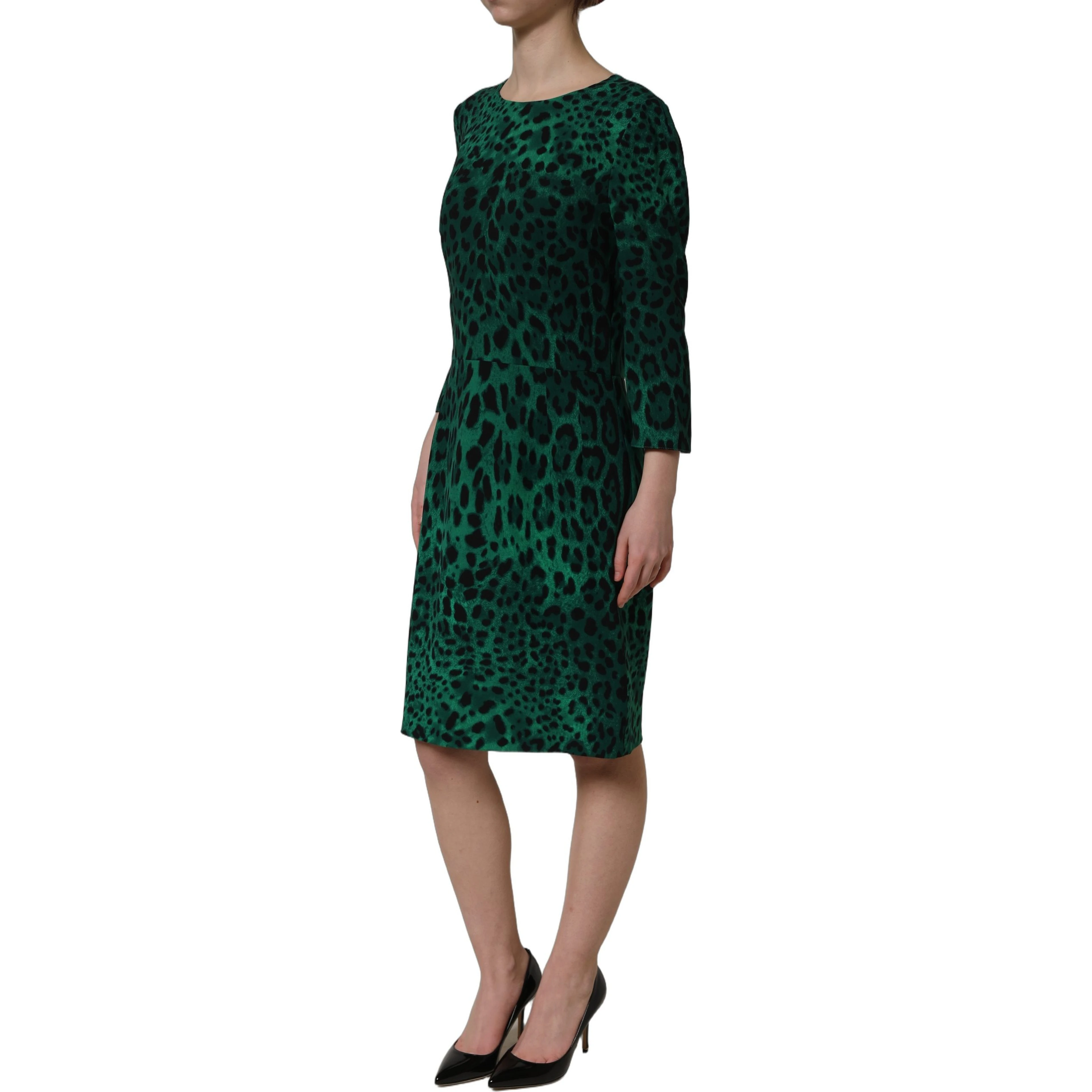 Green Leopard Print Silk Knee Length Dress