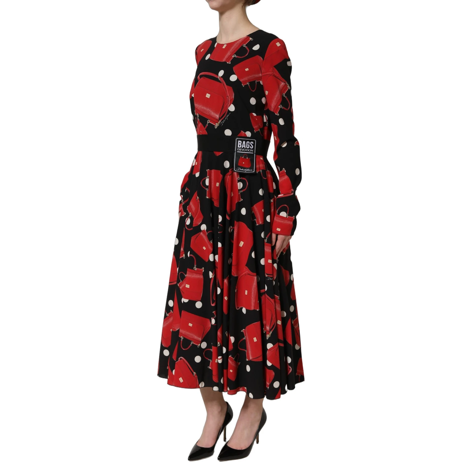 Black Handbag Print Long Sleeve Midi Dress