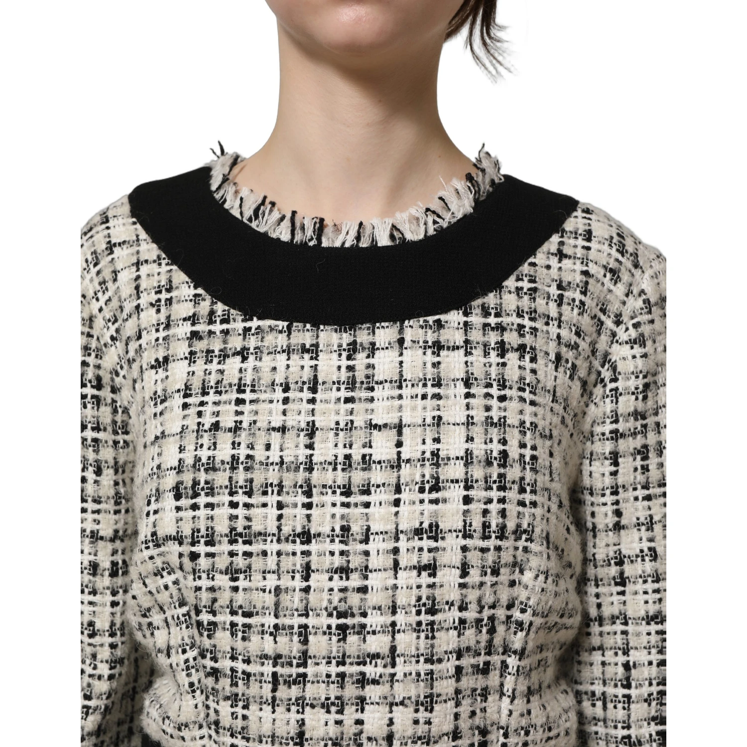 Multicolor Bouclé Tweed Frayed Trim Midi Dress