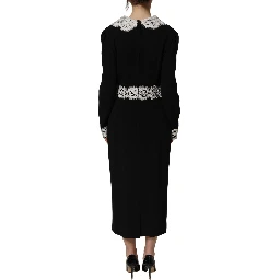 Black Lace Detailing Long Sleeves Midi Dress