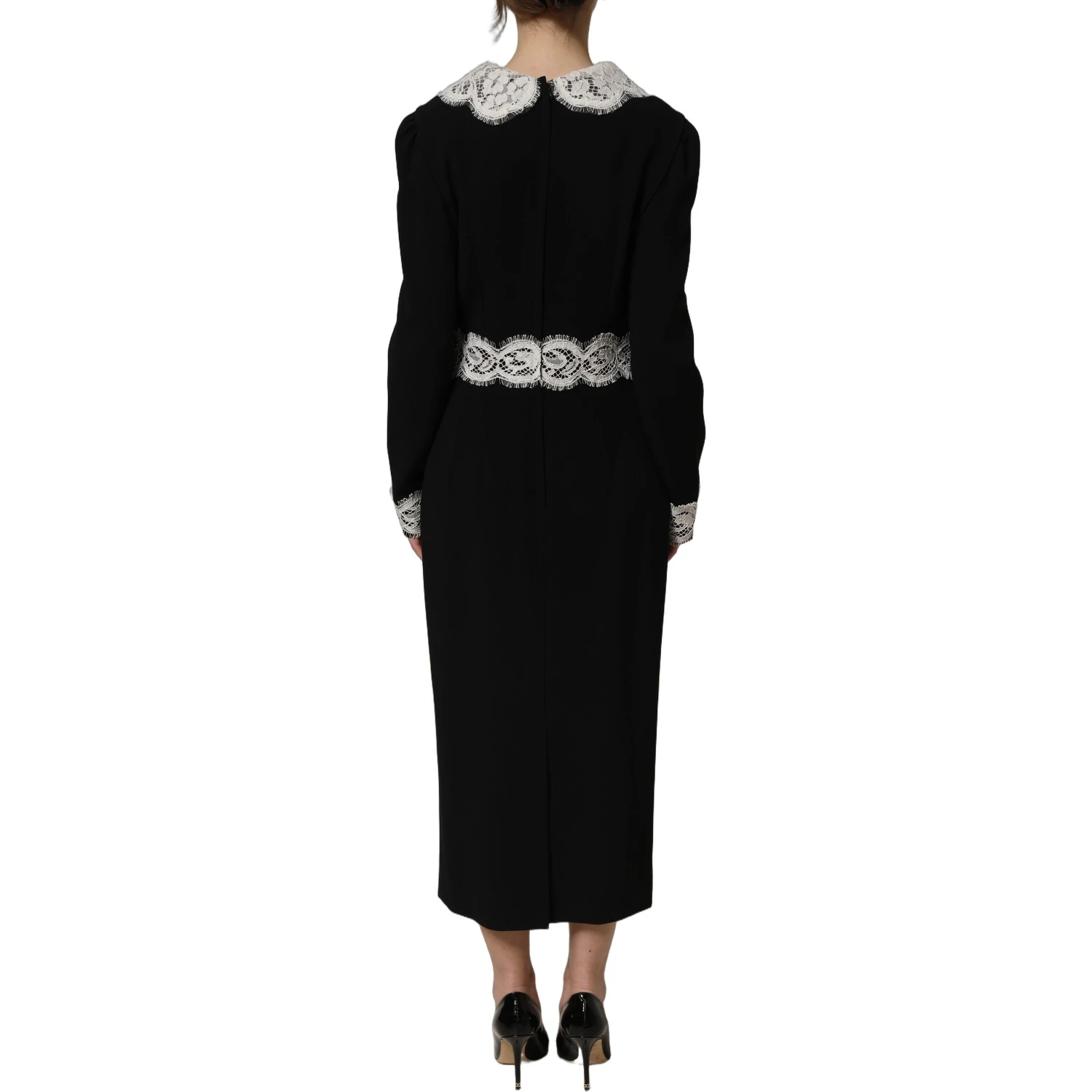 Black Lace Detailing Long Sleeves Midi Dress