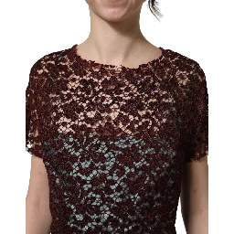 Multicolor Floral Lace Taffeta Pleated Midi Dress