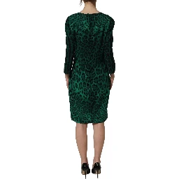 Green Leopard Print Silk Knee Length Dress