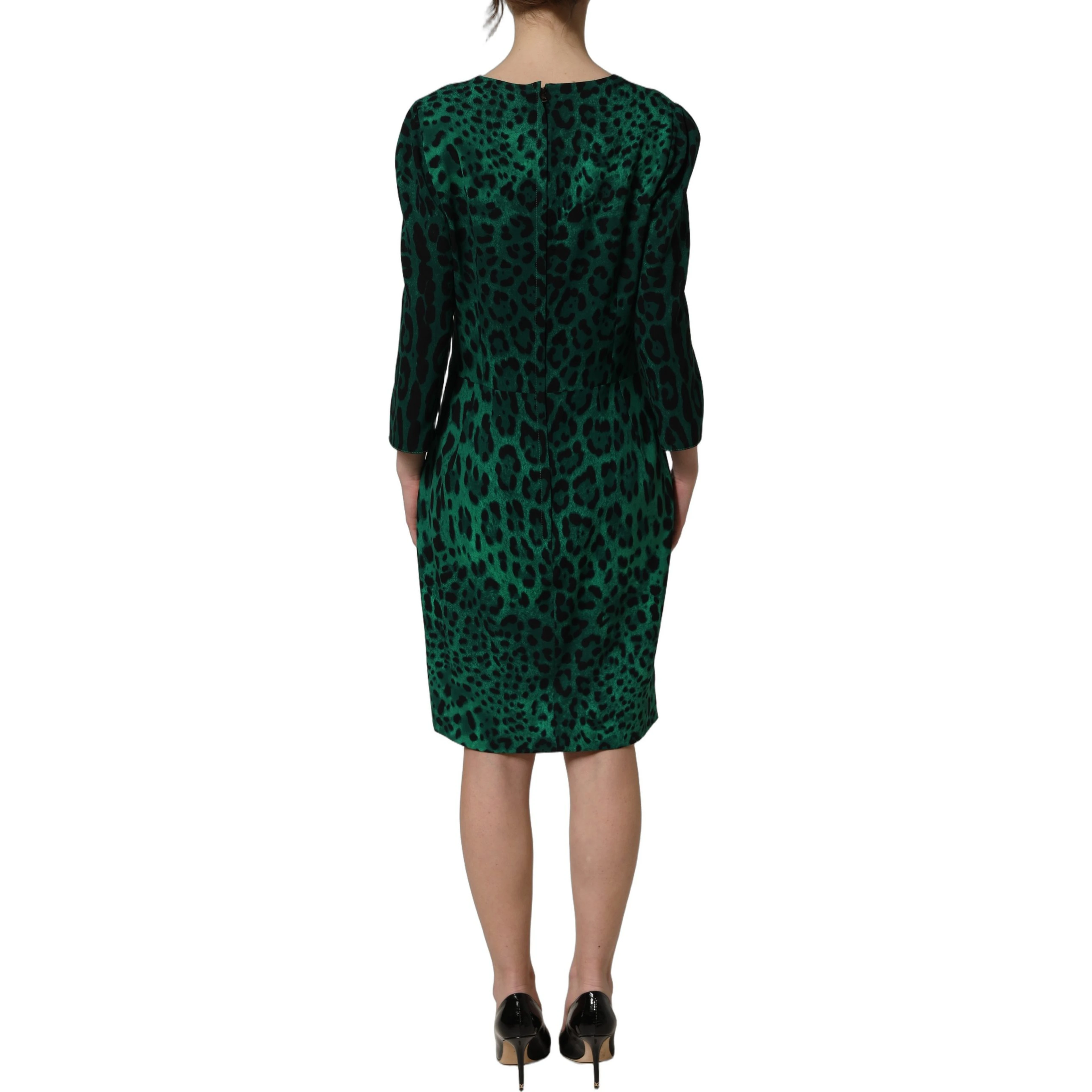 Green Leopard Print Silk Knee Length Dress