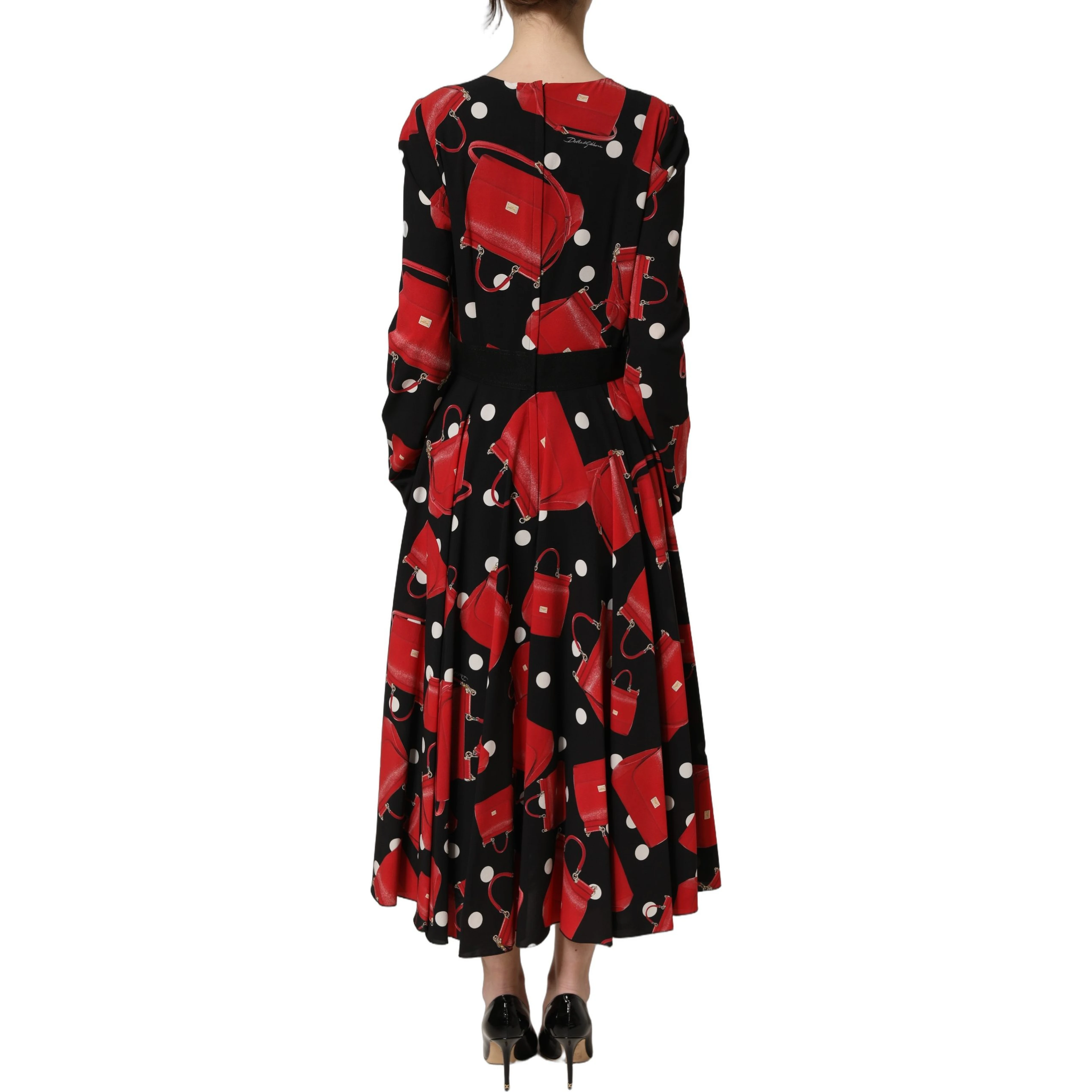 Black Handbag Print Long Sleeve Midi Dress