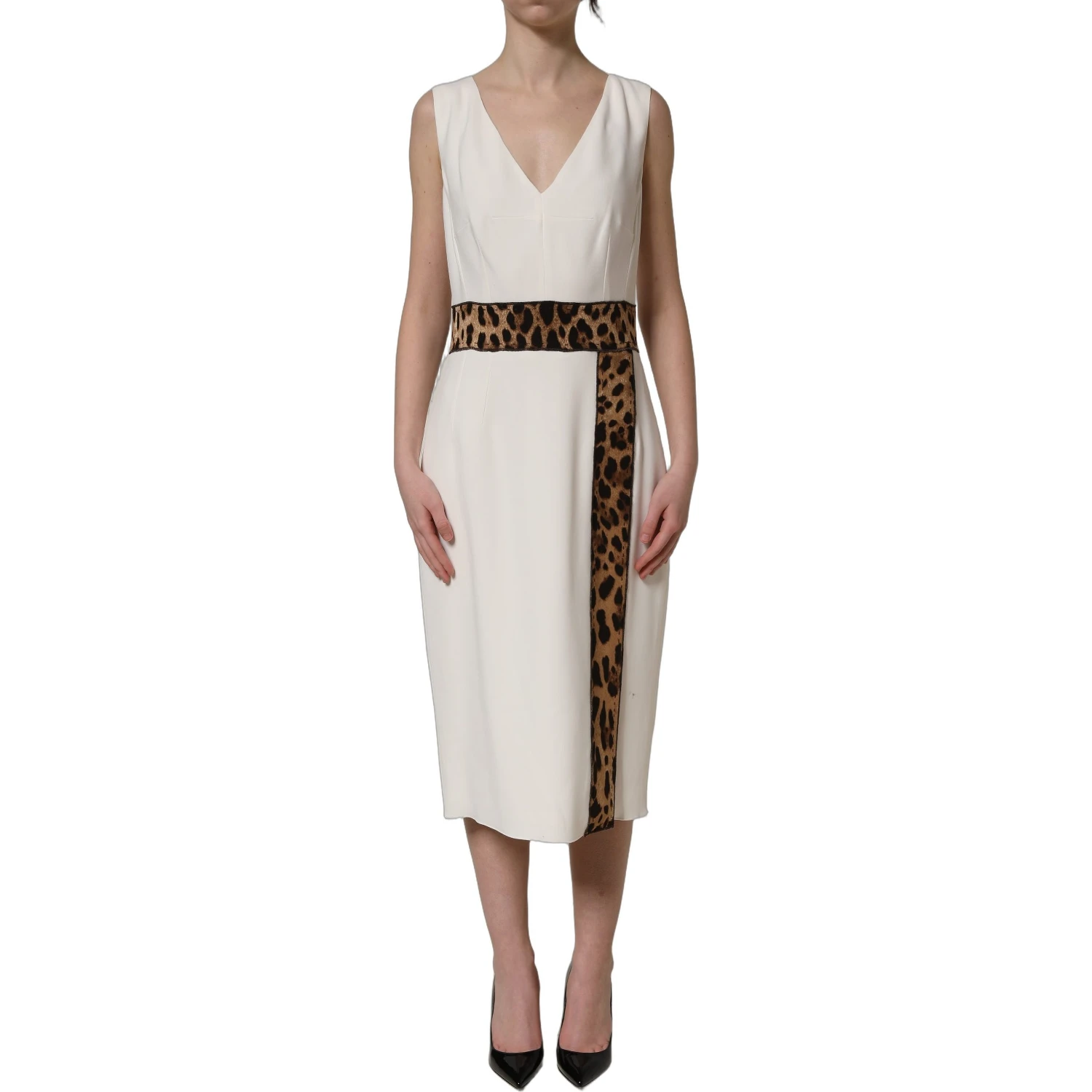 White Leopard Sleeveless Sheath Midi Dress