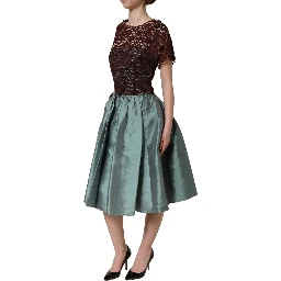 Multicolor Floral Lace Taffeta Pleated Midi Dress