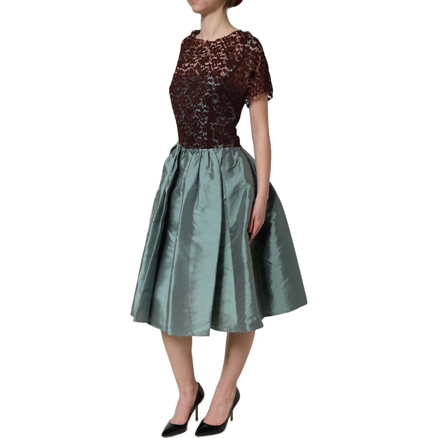 Multicolor Floral Lace Taffeta Pleated Midi Dress