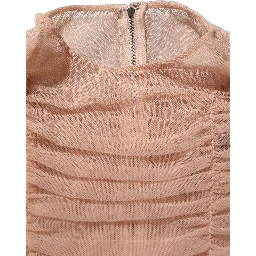 Beige Cotton Mesh Ruched Sheath Midi Dress