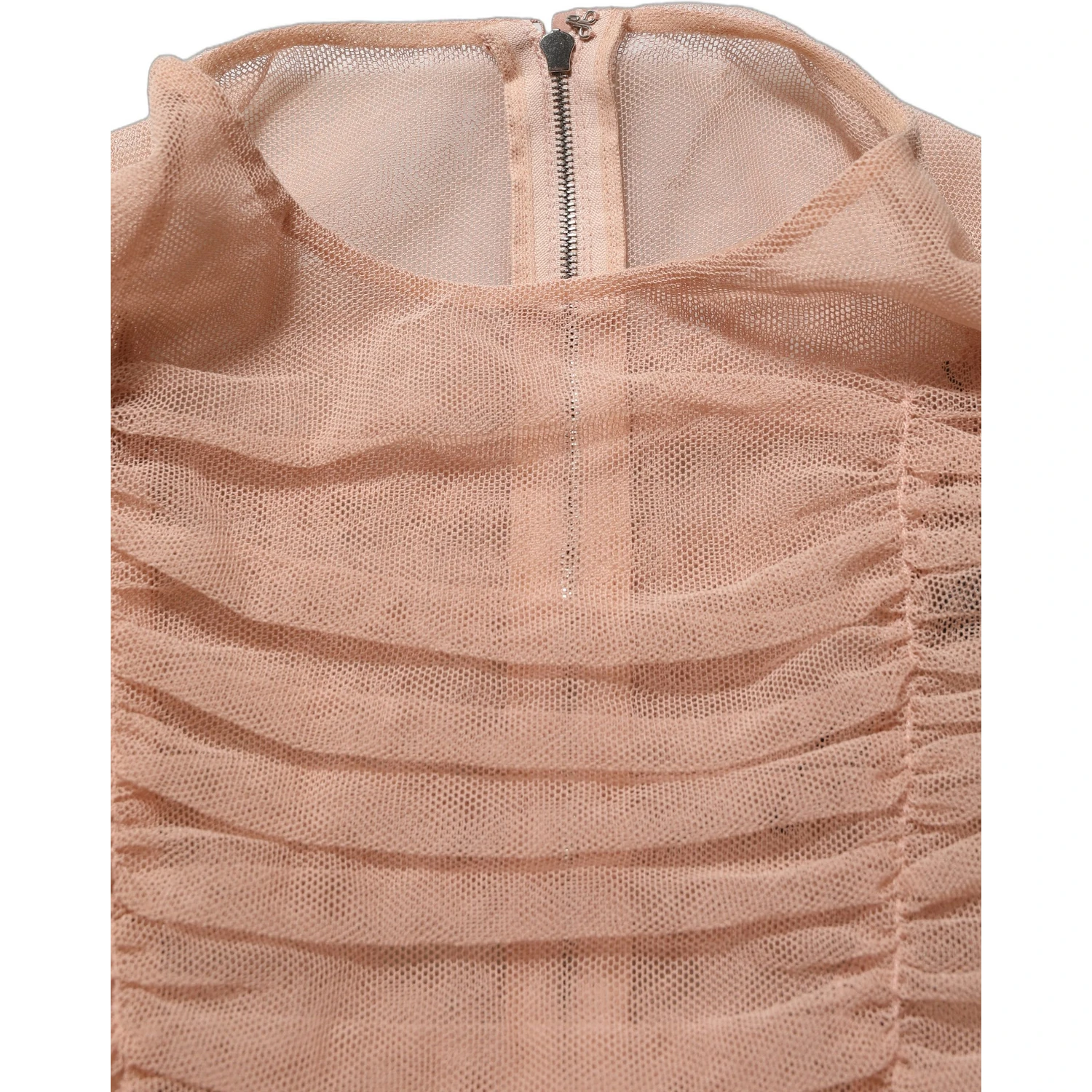 Beige Cotton Mesh Ruched Sheath Midi Dress