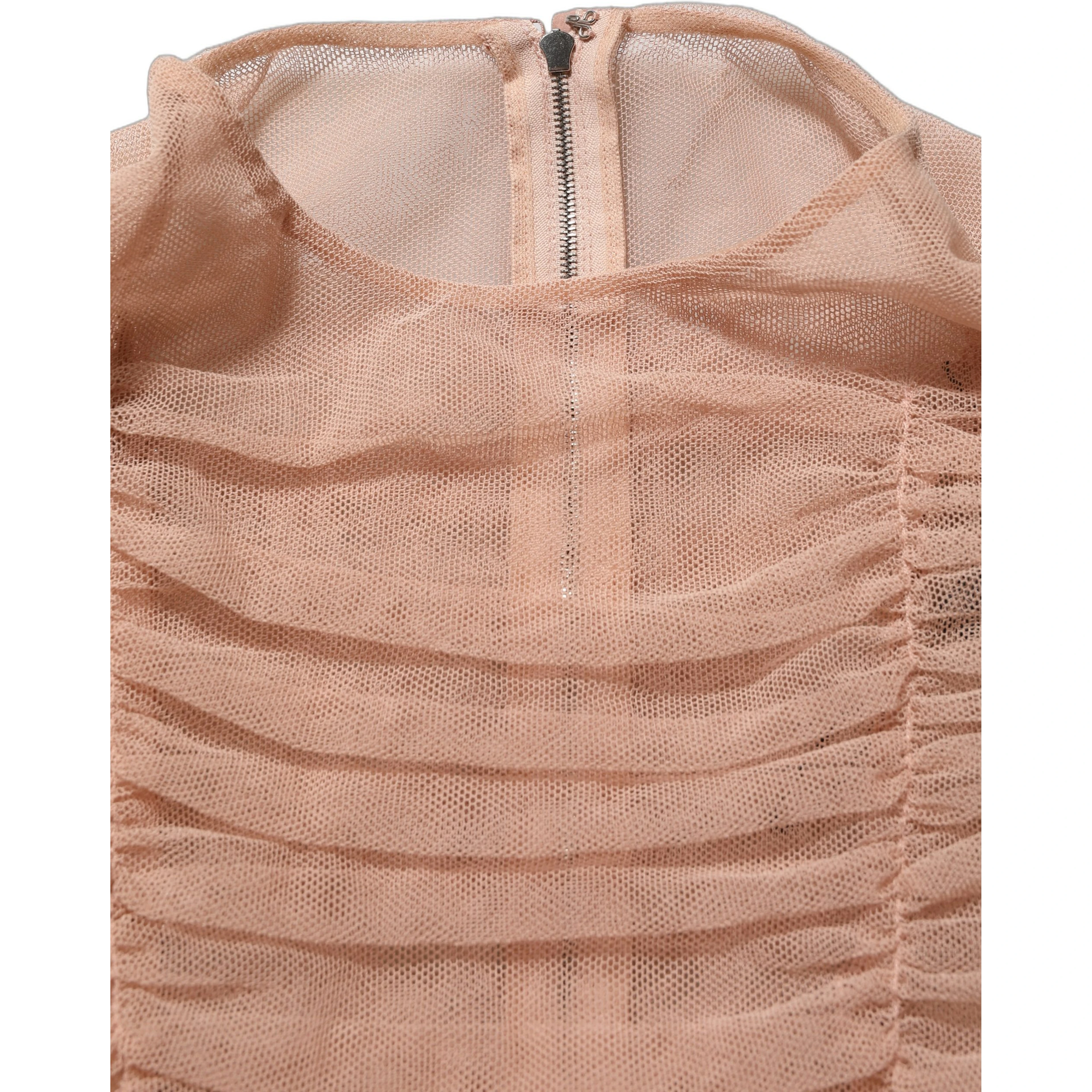 Beige Cotton Mesh Ruched Sheath Midi Dress