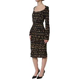 Black Key Print Long Sleeves Sheath Midi Dress