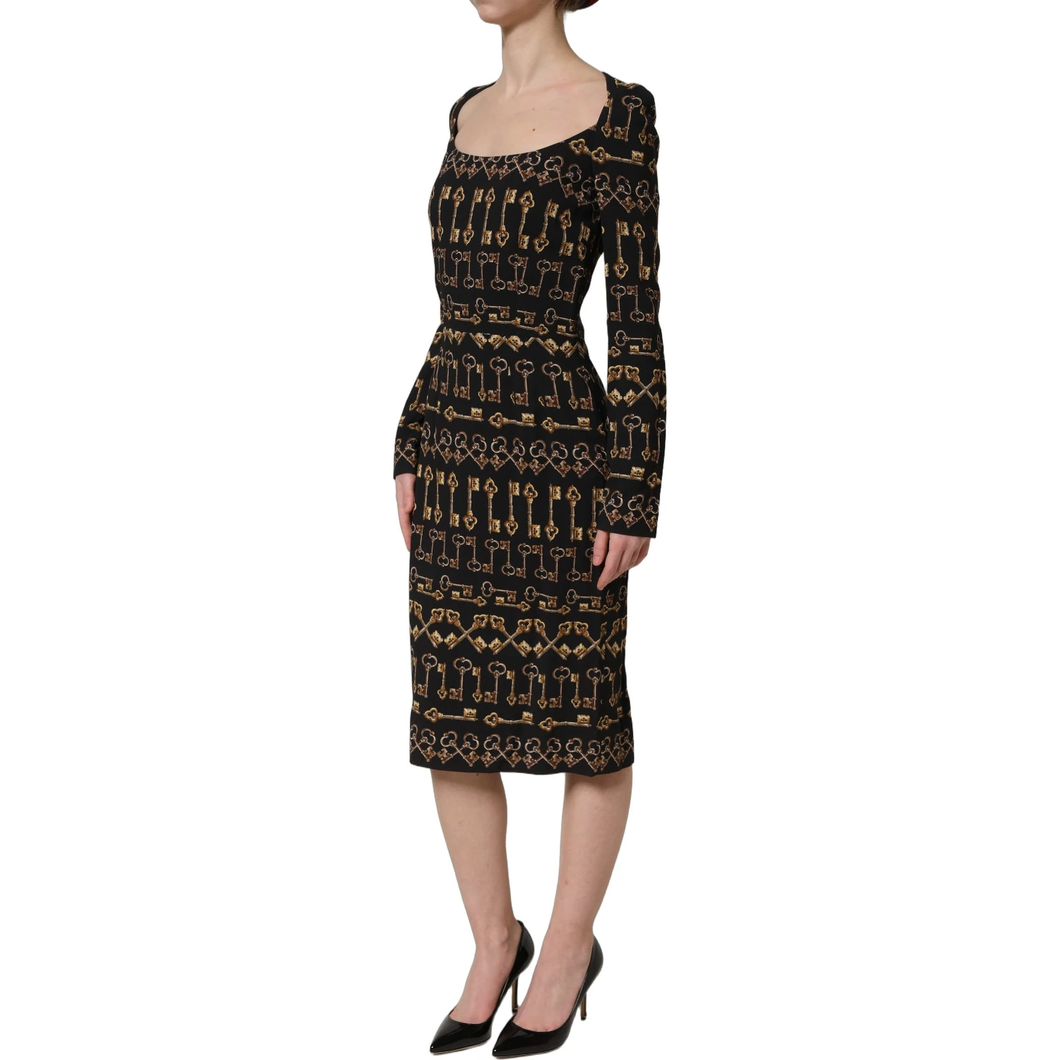 Black Key Print Long Sleeves Sheath Midi Dress