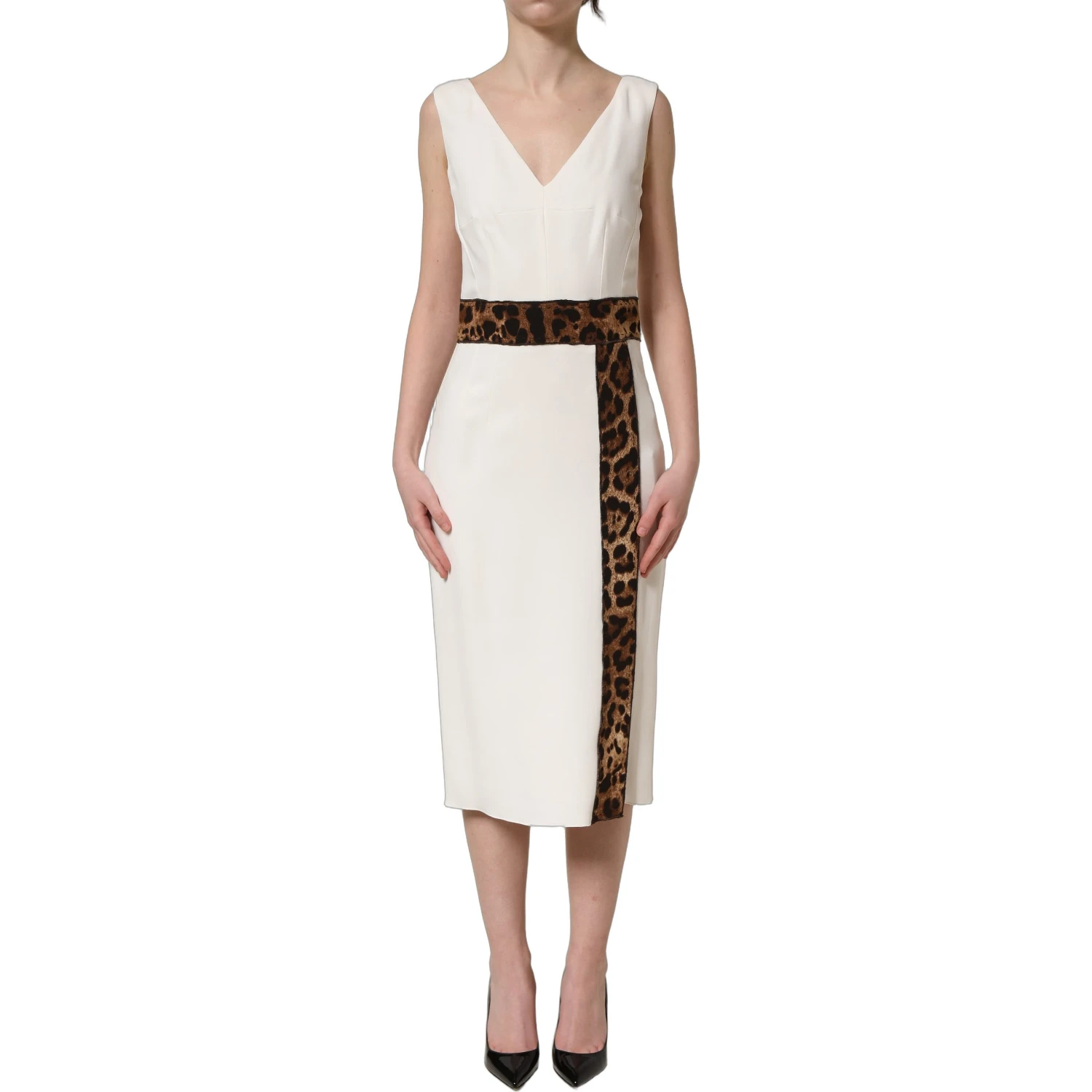 White Leopard Sleeveless Sheath Midi Dress