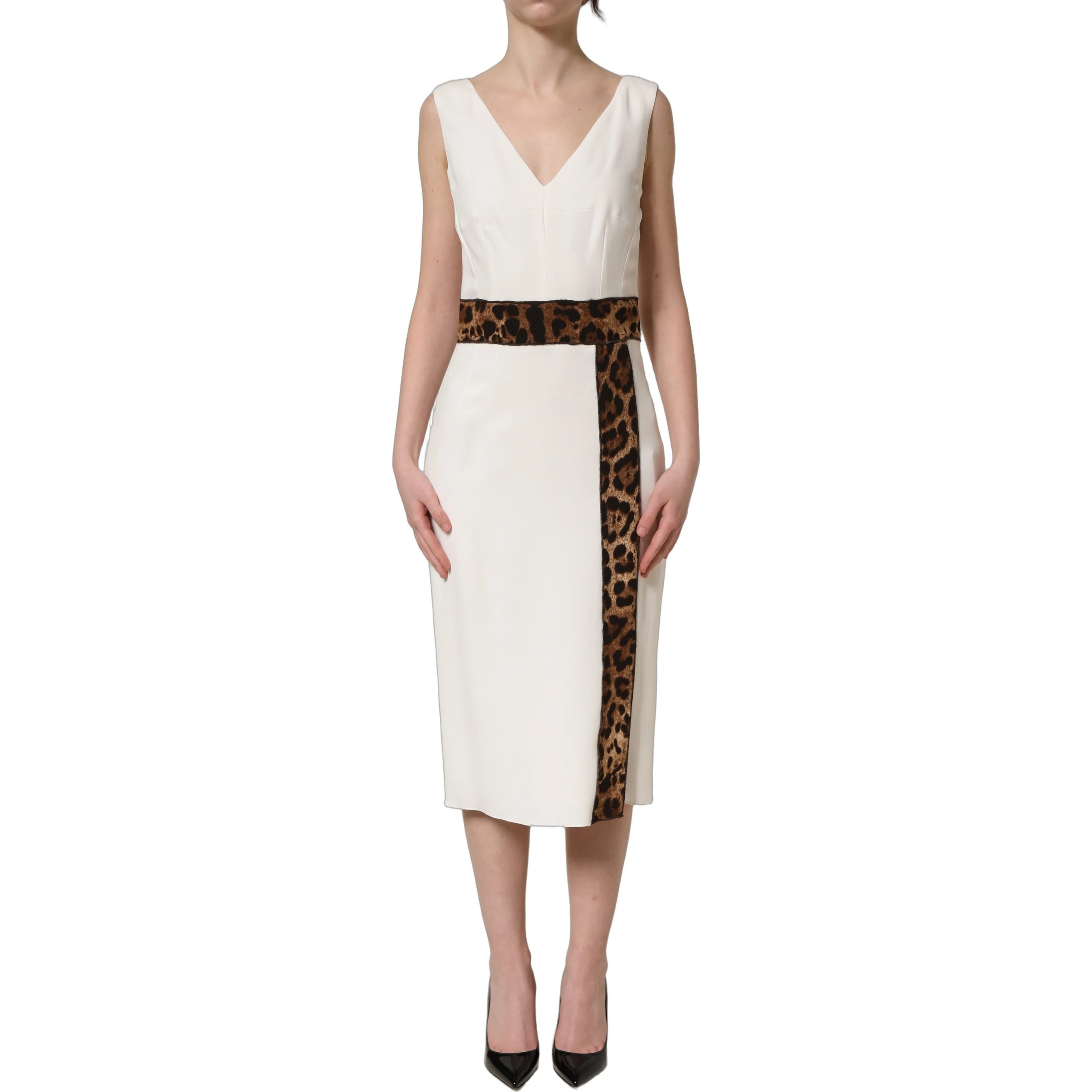 White Leopard Sleeveless Sheath Midi Dress
