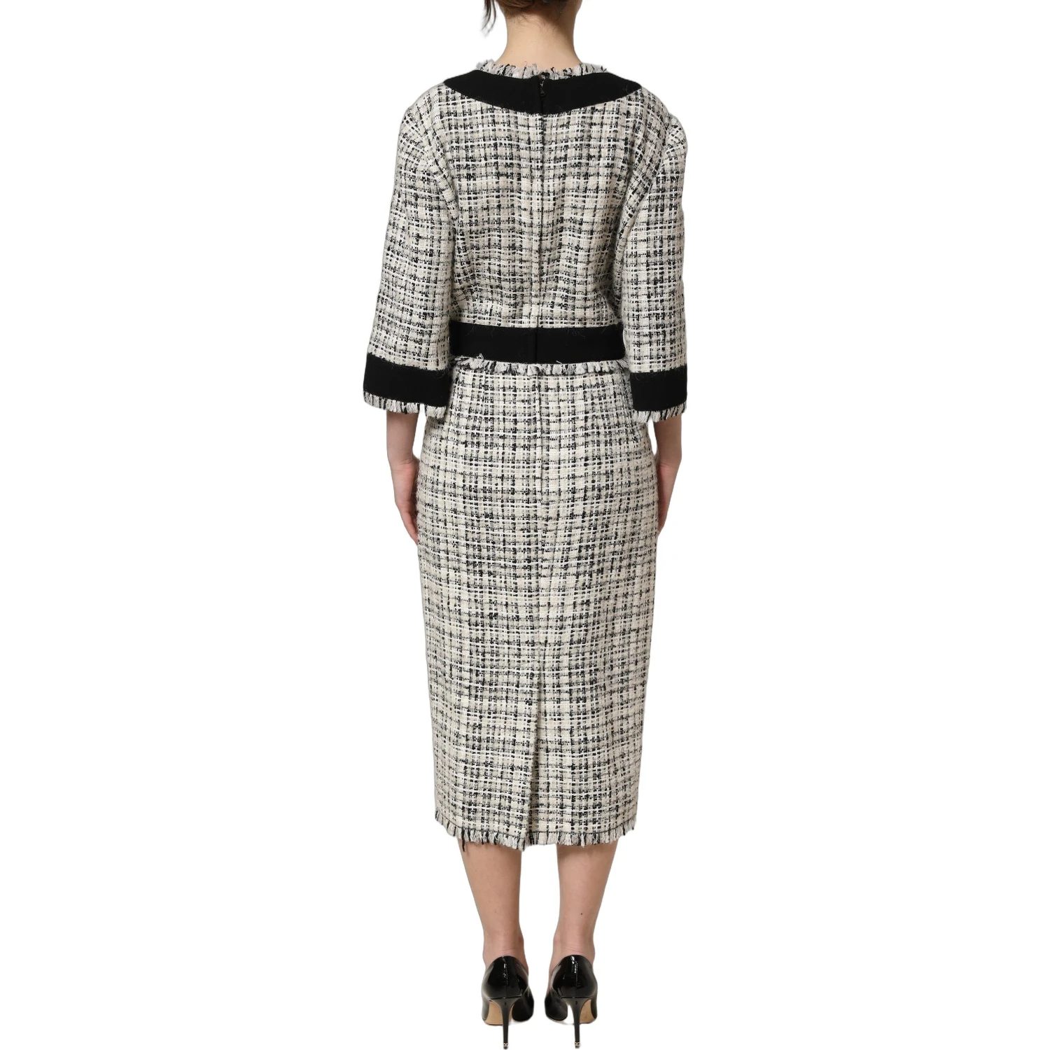 Multicolor Bouclé Tweed Frayed Trim Midi Dress