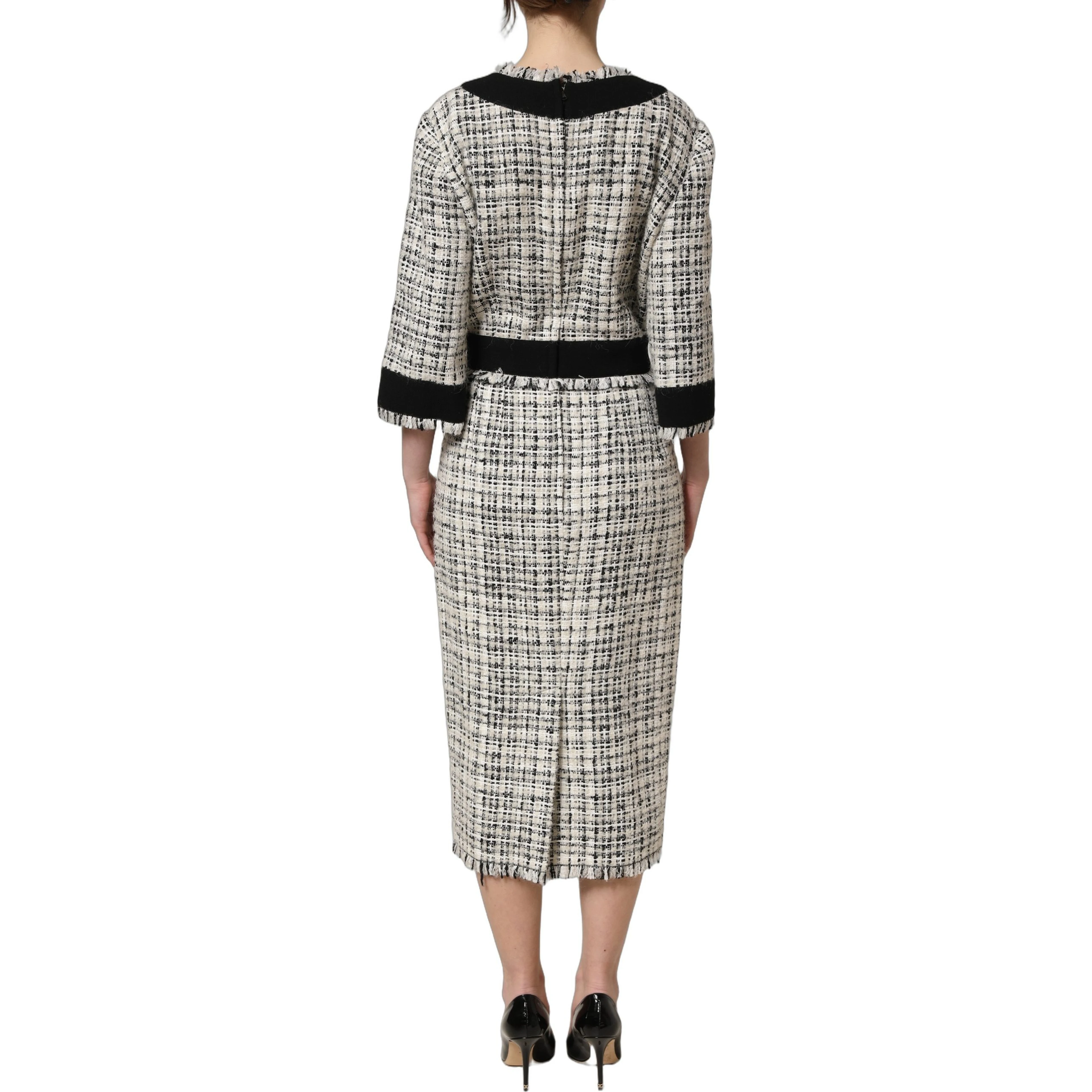 Multicolor Bouclé Tweed Frayed Trim Midi Dress